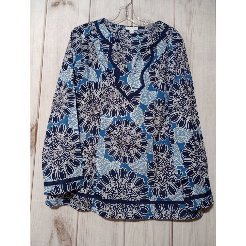 Charter Club Blue Floral Tunic Top Women Size 14 Long Sleeve V‎ Neck